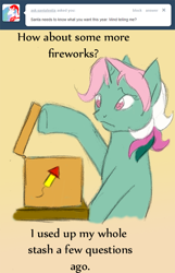 Size: 500x777 | Tagged: safe, artist:kourabiedes, fizzy, g1, ask, ask fizzy, fireworks, solo, tumblr