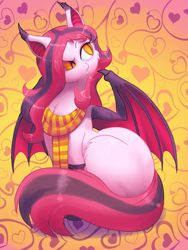 Size: 1063x1415 | Tagged: safe, artist:zuyoi, oc, oc only, oc:arrhythmia, bat pony, pony, black socks, clothes, heart background, pink hair, scarf, solo