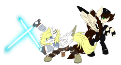 Size: 6308x3375 | Tagged: safe, artist:scootaloocuteness, oc, crossover, dual wield, galen marek, juno eclipse, lightsaber, star wars, starkiller