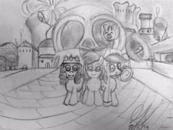 Size: 2560x1920 | Tagged: safe, artist:thegreatmewtwo, apple bloom, scootaloo, sweetie belle, adventure, amusement park, balloon, crossover, cutie mark crusaders, disney world, disneyland, dr. wily, fireworks, fun, grayscale, megaman, monochrome, outings, theme park, video game, walt disney world, whinnyland, wily fortress