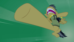 Size: 1280x720 | Tagged: safe, daring do, pegasus, pony, daring don't, clothes, female, green background, kick, kicking, mare, rings of scorchero, simple background, solo