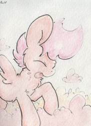 Size: 578x793 | Tagged: safe, artist:slightlyshade, scootaloo, cloud, cloudy, filly, solo, tongue out, traditional art