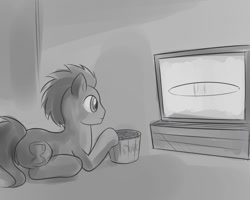 Size: 999x799 | Tagged: safe, artist:drawponies, doctor whooves, earth pony, food, grayscale, male, monochrome, popcorn, prone, raised hoof, season premiere, solo, stallion, television