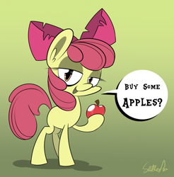 Size: 900x916 | Tagged: safe, artist:slitherpon, apple bloom, apple, bedroom eyes, buy some apples, moody mark crusaders, solo