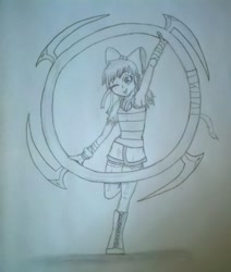 Size: 823x970 | Tagged: safe, artist:saielthepony, apple bloom, crossover, dynasty warriors, hoop, monochrome, solo, traditional art