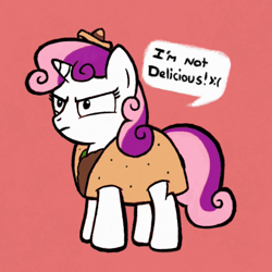 Size: 900x900 | Tagged: safe, artist:sheandog, sweetie belle, blatant lies, clothes, costume, cute, denial, diasweetes, i'm not cute, pony as food, solo, taco, taco belle, taco suit