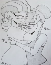 Size: 2571x3237 | Tagged: safe, artist:missmayaleanne, sci-twi, twilight sparkle, twilight velvet, equestria girls, female, glasses, grayscale, hug, monochrome, mother and child, mother and daughter, mother's day, parent and child, traditional art