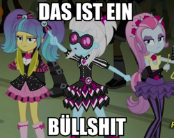 Size: 720x571 | Tagged: safe, crimson napalm, photo finish, pixel pizazz, scribble dee, teddy t. touchdown, violet blurr, equestria girls, rainbow rocks, background human, denglisch, image macro, meme, photo finish insults, the snapshots, umlaut, unnecessary umlaut, vulgar