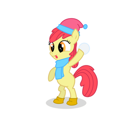 Size: 1200x1200 | Tagged: safe, artist:kyreart, apple bloom, pony, bipedal, clothes, hat, scarf, snow, snowball, solo