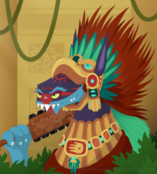 Size: 900x1000 | Tagged: safe, artist:shadobabe, ahuizotl, aztec, bush, face paint, long ears, macuahuitl, solo, vine