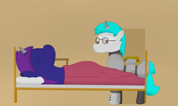 Size: 1024x613 | Tagged: safe, artist:minty candy, oc, oc only, oc:cross stitch, oc:minty candy, cyborg, pony, unicorn, fallout equestria, fallout equestria: occupational hazards, armor, bed, glasses, mooscow, story, unconscious