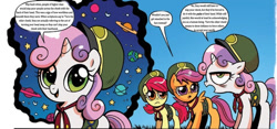 Size: 1226x574 | Tagged: safe, edit, idw, apple bloom, scootaloo, sweetie belle, spoiler:comic, spoiler:comic24, cropped, cute, cutie mark crusaders, dictionary belle, filly guides, frown, meme, open mouth, raised eyebrow, scout uniform, smarty belle, smiling, space, turn the other cheek, unamused