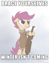 Size: 515x671 | Tagged: safe, scootaloo, tanks for the memories, a song of ice and fire, eddard stark, exploitable meme, game of thrones, hilarious in hindsight, meme, solo, winter is coming, winter isn't coming, winter may or may not be coming