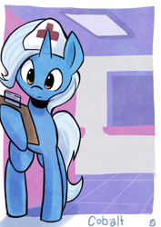 Size: 1500x2124 | Tagged: safe, artist:fauxsquared, oc, oc only, oc:cobalt, pony, unicorn, clipboard, commission, hat, male, not trixie, nurse, nurse hat, raised hoof, solo, stallion