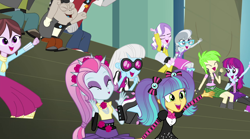 Size: 1280x714 | Tagged: safe, screencap, cherry crash, diamond dudes, diamond tiara, fido, mystery mint, photo finish, pixel pizazz, rover, silver spoon, spot, velvet sky, violet blurr, equestria girls, rainbow rocks, background human, cheering, sitting, the snapshots