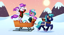 Size: 1345x746 | Tagged: safe, artist:centchi, oc, oc only, oc:blank canvas, oc:hoof beatz, oc:mane event, bronycon, bronycon mascots, christmas, holiday, hoofevent, sleigh, snow, snowfall, winter