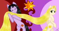 Size: 1024x539 | Tagged: safe, artist:assa-chan, alicorn, earth pony, pony, bipedal, disney, impossibly long hair, long mane, ponified, rapunzel