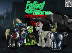 Size: 1280x935 | Tagged: safe, artist:elmutanto, earth pony, pony, unicorn, fallout equestria, fallout equestria: crimson tide, armor, group shot, magic, title, writing