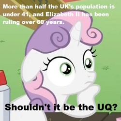 Size: 500x500 | Tagged: safe, sweetie belle, pony, unicorn, england, exploitable meme, female, filly, floppy ears, horn, image macro, meme, queen elizabeth ii, solo, sudden clarity sweetie belle, text, two toned mane, white coat, wide eyes