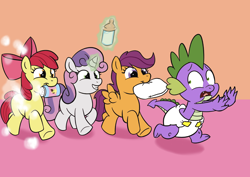 Size: 1248x883 | Tagged: safe, artist:artiecanvas, apple bloom, scootaloo, spike, sweetie belle, dragon, baby bottle, baby powder, bottle, cutie mark crusaders, diaper, poofy diaper, tree sap and pine needles