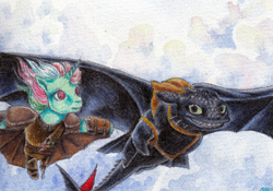 Size: 800x559 | Tagged: safe, artist:shaiyeh, fizzy, dragon, pony, unicorn, g1, crossover, duo, female, flying, how to train your dragon, male, mare, night fury, spread wings, toothless the dragon, traditional art, wings
