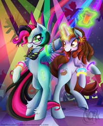 Size: 3060x3756 | Tagged: safe, artist:thenornonthego, oc, oc only, oc:chemical glow, oc:island beat, pegasus, pony, unicorn, bipedal, bracelet, chest fluff, club, dance floor, dancing, drink, ear piercing, earring, glasses, glow rings, jewelry, magic, neckerchief, piercing, telekinesis