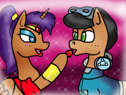 Size: 800x600 | Tagged: safe, artist:odiz, beck, female, genie, male, mighty no.9, ponified, shantae, shantae (character), shipping, straight, strawberry