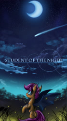 Size: 1500x2700 | Tagged: safe, artist:ardail, scootaloo, bat pony, pony, bat ponified, moon, night, race swap, scenery, scootabat, solo, student of the night