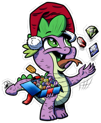 Size: 1887x2298 | Tagged: safe, artist:gray--day, spike, dragon, gem, hat, jewels, open mouth, santa hat, solo, tongue out