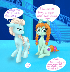 Size: 1352x1379 | Tagged: safe, artist:fluffikitten, :t, anna, elsa, frozen (movie), ponified, pun