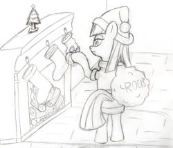 Size: 1024x879 | Tagged: safe, artist:monochromeaticjelly, maud pie, hat, monochrome, newbie artist training grounds, rock, santa hat, solo, traditional art