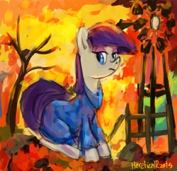 Size: 2880x2784 | Tagged: safe, artist:hereticalrants, maud pie, autumn, clothes, rock farm, sitting, solo