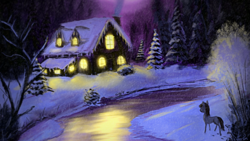 Size: 1024x577 | Tagged: safe, artist:vexpon, maud pie, cabin, newbie artist training grounds, night, river, scenery, snow, snowfall, winter