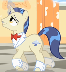 Size: 357x388 | Tagged: safe, screencap, savoir fare, pony, unicorn, the cutie mark chronicles, background pony, bowtie, cropped, magic, male, solo, spats, stallion