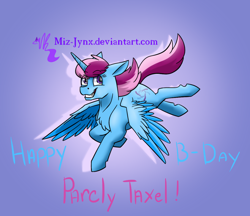 Size: 1024x886 | Tagged: safe, artist:miz-jynx, oc, oc only, oc:parcly taxel, alicorn, pony, alicorn oc, birthday present, chest fluff, flying, grin, hoers, solo