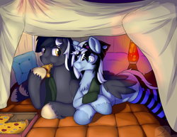 Size: 2700x2085 | Tagged: safe, artist:bigmuffintosh, oc, oc only, oc:muffintosh, oc:taylorpone, clothes, gay, hat, hug, in love, lava lamp, male, pillow fort, pizza, scarf, shipping, snuggling, socks, striped socks, winghug