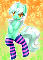 Size: 509x700 | Tagged: safe, artist:hashioaryut, lyra heartstrings, pony, bipedal, clothes, cute, featureless crotch, implied lyrabon, implied shipping, pixiv, socks, solo, striped socks