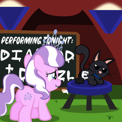 Size: 800x800 | Tagged: safe, artist:magerblutooth, diamond tiara, oc, oc:dazzle, cat, annoyed, chalkboard, lights, paint, paint on fur, paintbrush, tent, text