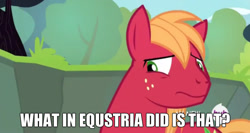 Size: 1023x543 | Tagged: safe, screencap, big macintosh, earth pony, pony, leap of faith, caption, grammar error, male, meme, solo, stallion