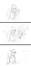 Size: 1472x3072 | Tagged: safe, artist:sean mirrsen, oc, oc only, oc:moonlight sonata, bat pony, diamond dog, pony, comic, crying, flower, frown, hoof hold, innuendo, monochrome, open mouth, pun, running, sad, sharp teeth, smiling, strip, visual pun, wide eyes