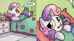 Size: 560x312 | Tagged: safe, idw, spike, sweetie belle, dragon, spoiler:comic, bed, cropped, crush plush, female, male, plushie, shipping, spike plushie, spikebelle, straight