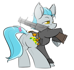 Size: 1280x1219 | Tagged: safe, artist:bbsartboutique, oc, oc only, bullet, clothes, dice, frog (hoof), grenade launcher, gun, plot, simple background, solo, underhoof, weapon