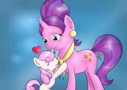 Size: 400x283 | Tagged: safe, artist:cwossie, cookie crumbles, sweetie belle, female, heart, hug, mama cookie, mother and child, mother and daughter, motherly, motherly love, parent and child