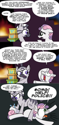 Size: 1024x2166 | Tagged: safe, artist:catfood-mcfly, sweetie belle, pony, unicorn, zebra, clothes, comic, drama, ferguson, fire, fury belle, horseshoes, riot, satire, shoes, stealing, striped lives matter