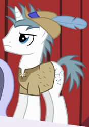 Size: 275x393 | Tagged: safe, screencap, orion, shooting star (character), pony, unicorn, hearth's warming eve (episode), alternate hairstyle, clothes, feather, hat, solo