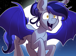 Size: 2500x1844 | Tagged: source needed, safe, artist:pixel-prism, oc, oc only, oc:inky, bat pony, pony, cute, fangs, fluffy, flying, hair bun, happy, moon, open mouth, smiling, solo, spread wings, twilight sparkle's secret shipfic folder, wide eyes