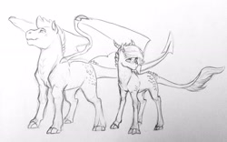 Size: 3264x2042 | Tagged: safe, artist:kianamai, oc, oc only, oc:crystal clarity, oc:turquoise blitz, dracony, hybrid, interspecies offspring, kilalaverse, monochrome, next generation, offspring, parent:rarity, parent:spike, parents:sparity, pencil drawing, sketch, style emulation, traditional art