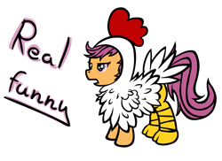 Size: 1100x800 | Tagged: safe, artist:yooyfull, scootaloo, chicken suit, clothes, cute, cutealoo, kallisti, meme, scootachicken, solo