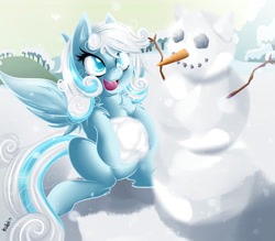 Size: 1200x1050 | Tagged: safe, artist:knifeh, oc, oc only, oc:snowdrop, carrot, kallisti, snow, snowman, snowpony, solo