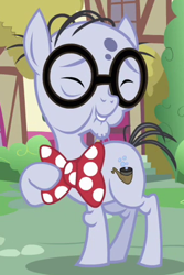 Size: 293x438 | Tagged: safe, screencap, mr. waddle, earth pony, pony, a friend in deed, bowtie, cropped, elderly, eyes closed, glasses, liver spots, male, raised hoof, solo, stallion